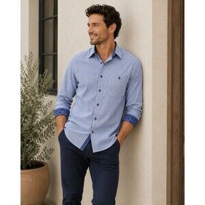 Moda Campia Moda Men’s Large Button Up Shirt Blue Micro Check Stretch Casual L